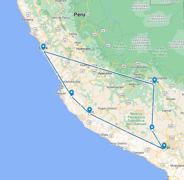 routekaart van de 19 daagse familiereis door peru