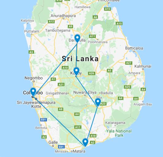 Routekaart van de 17 daagse boutique rondreis door Sri Lanka