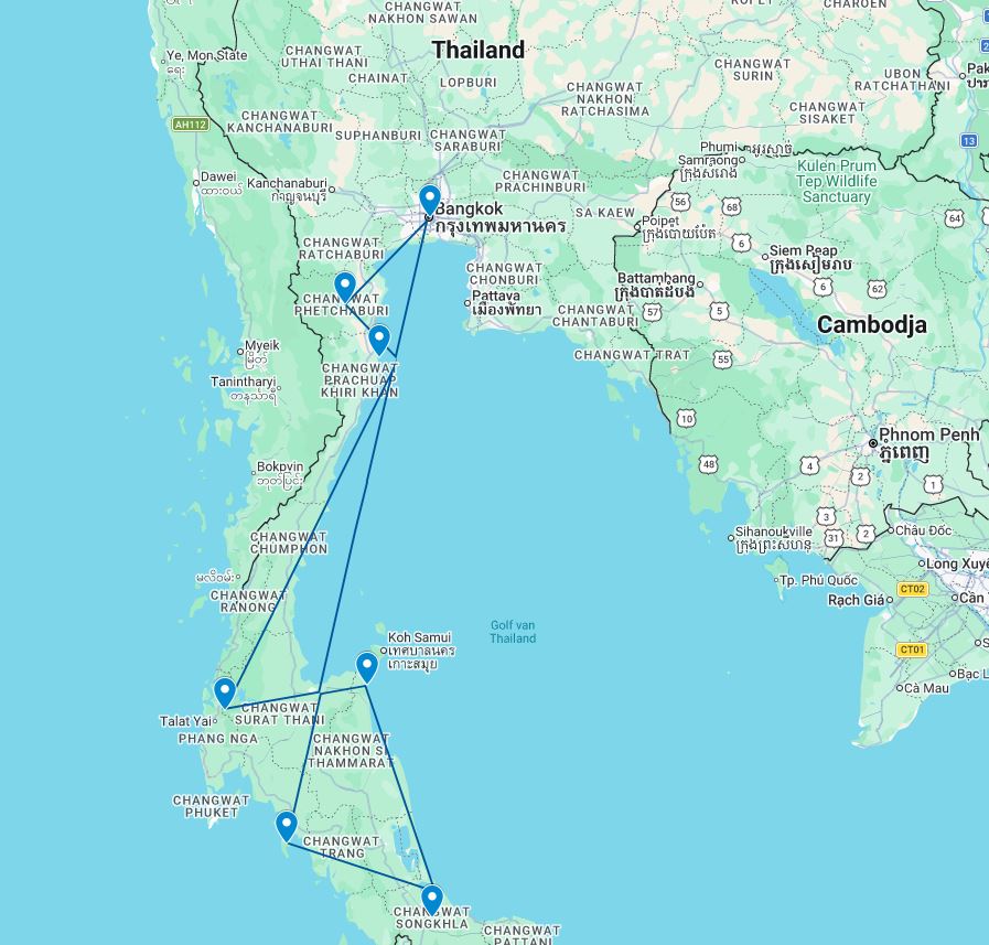 Routekaart van de reis Cultuur & jungle Zuid-Thailand