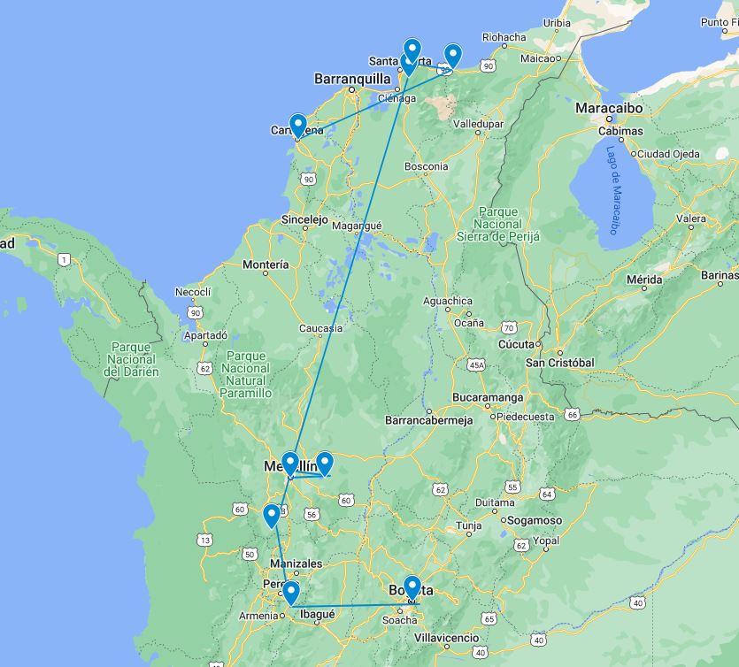 Routekaart van de 22 daagse bloggerrondreis door Colombia