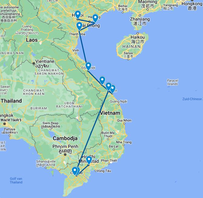 routekaart van de 17 daagse familierondreis door vietnam