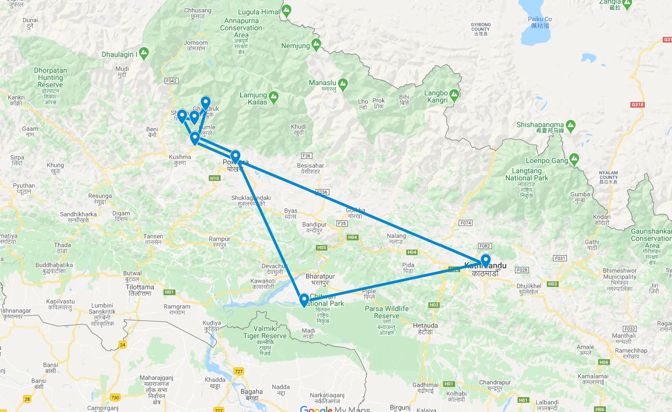Routekaart van de reis Nepal boetiek rondreis