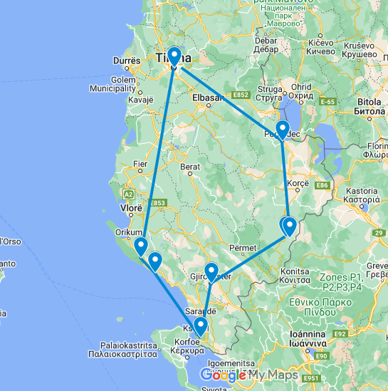 Routekaart van de reis Albanië kort & krachtig