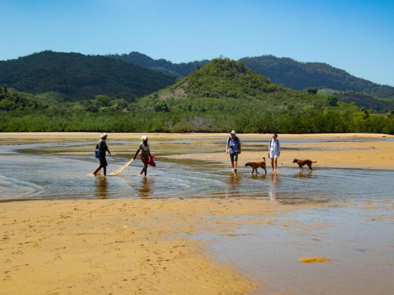 Locals, reizigers en honden op strand lopend door het water en op de achtergrond heuvels in Madagaskar