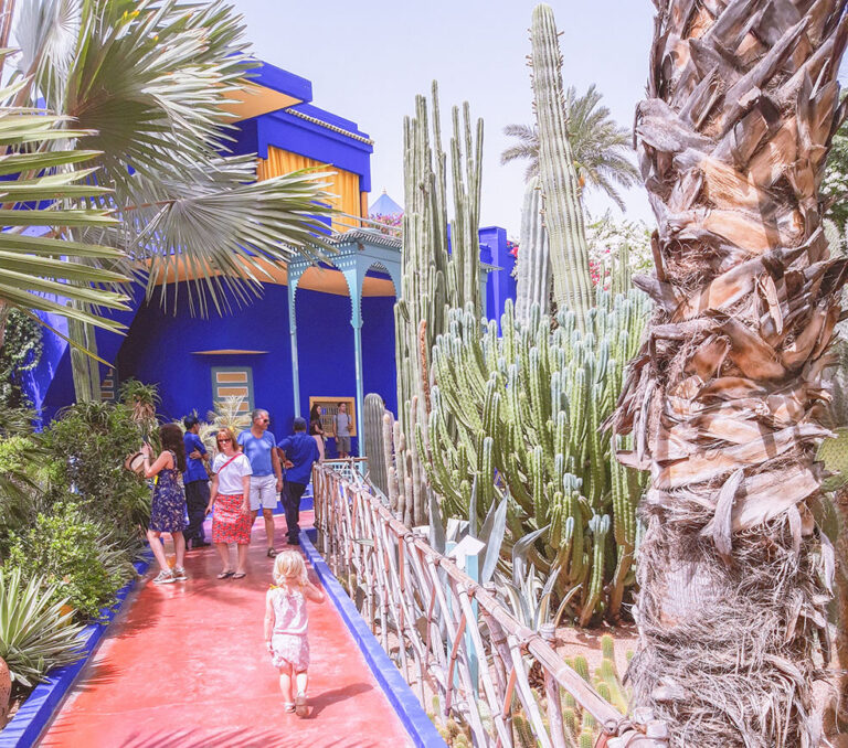 een kleurrijk gebouw tussen allerlei cactussen