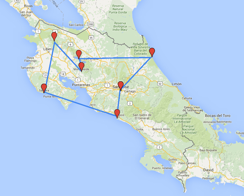Routekaart van de 16 daagse rondreis door Costa Rica