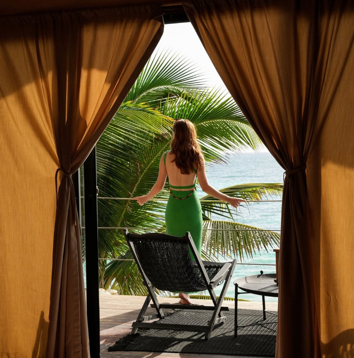 Vrouw gefotografeerd vanuit binnen staand op het balkon en uitkijkend over de palmbomen en de zee in Mexico