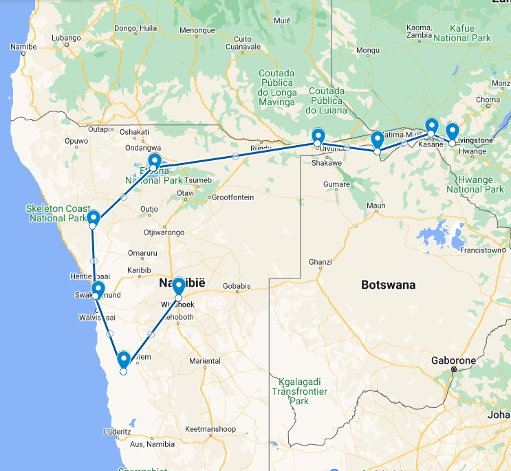 Routekaart van de 19 daagse familierondreis door Namibië