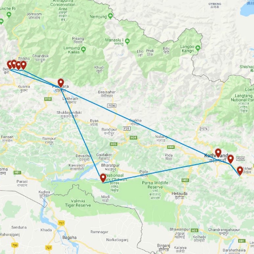 Routekaart van de reis Nepal rondreis community stay