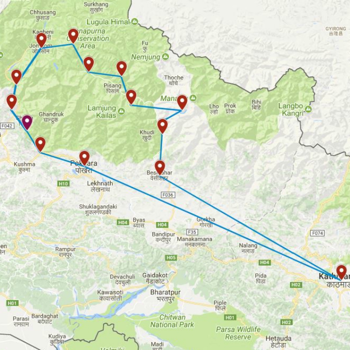 Routekaart van de reis Nepal rondreis trekking avontuur