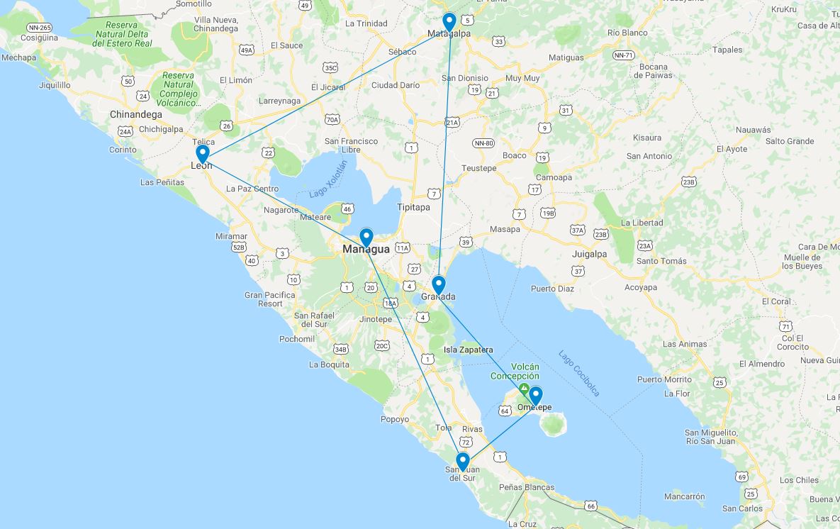 Routekaart van de reis Nicaragua rondreis betaalbaar