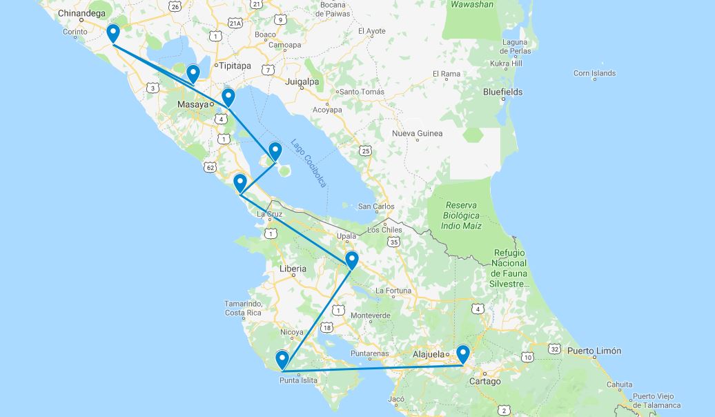 Routekaart van de reis Nicaragua highlights & hidden gems