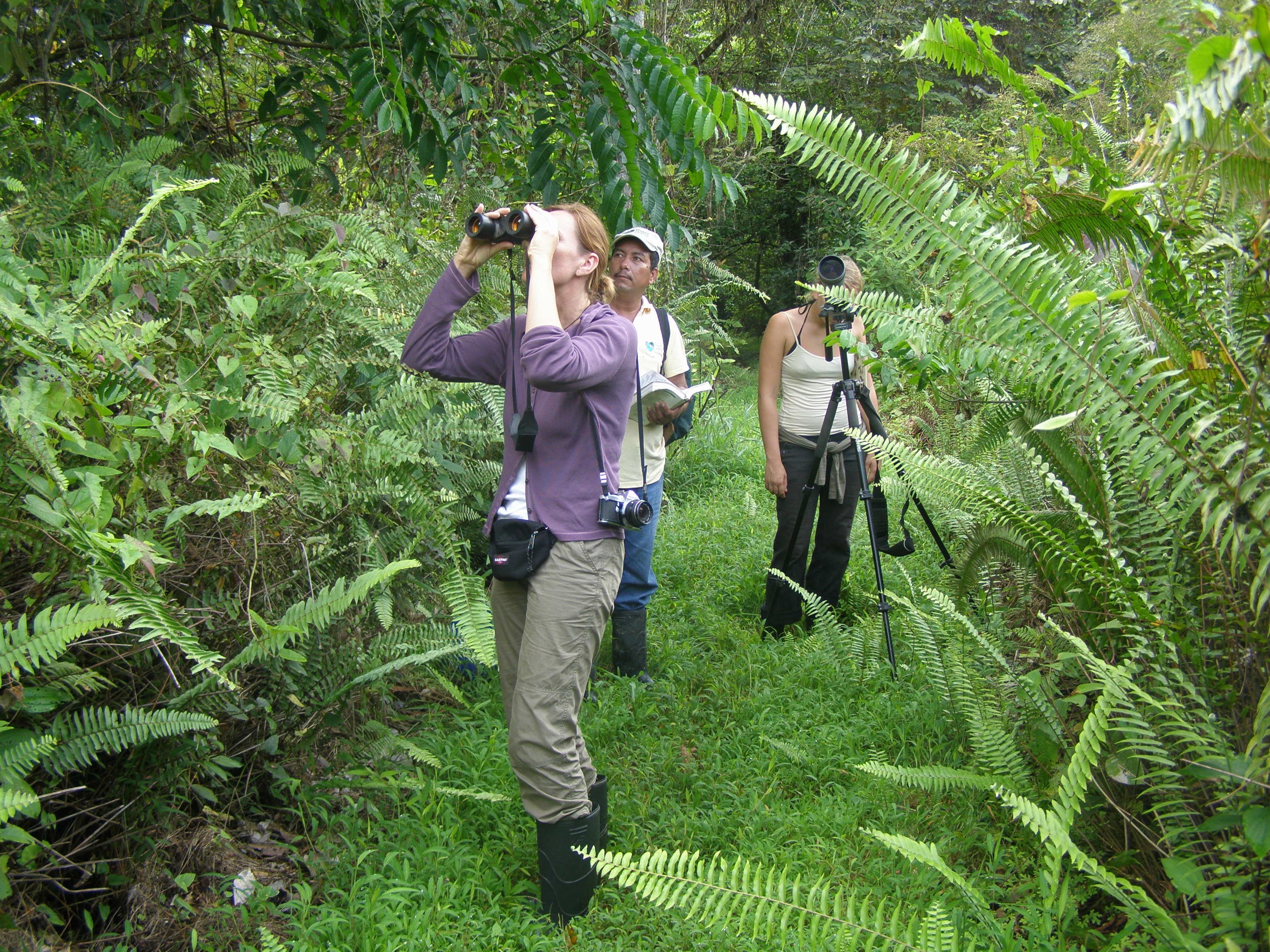 vrouw met verrekijker in jungle, Indio Maiz,