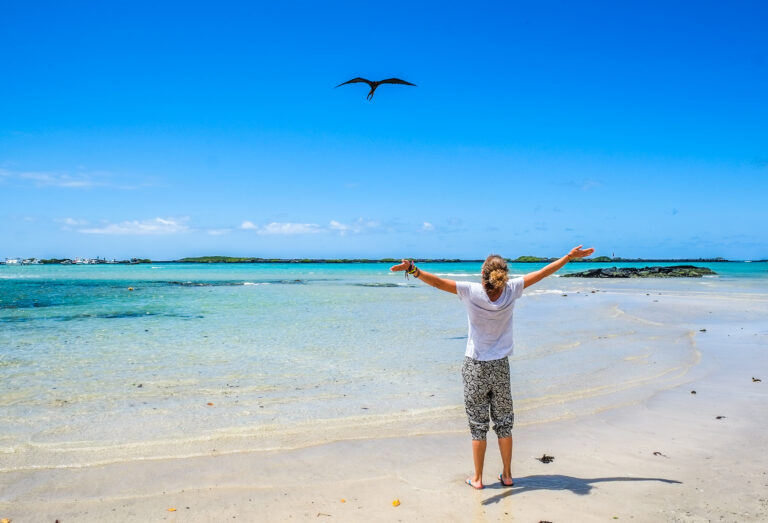 toerist op het strand met blauwe zee en vogel in de lucht