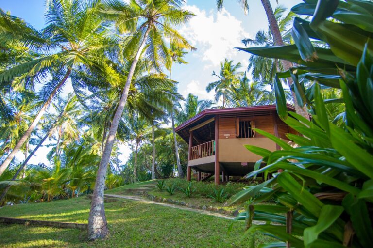 zeshoekige houten cabin tussen de palmen in Tangalle