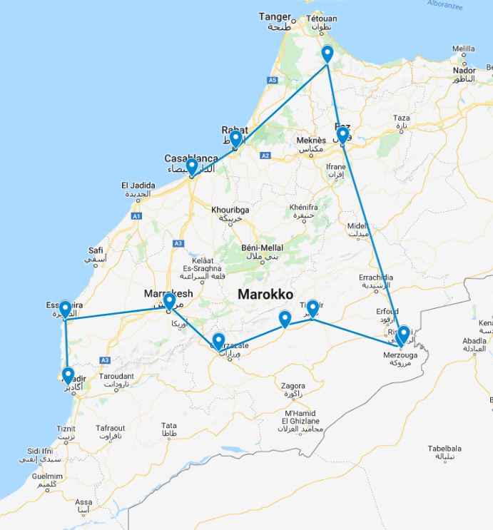 routekaart van de 17 daagse bloggersreis door Marokko