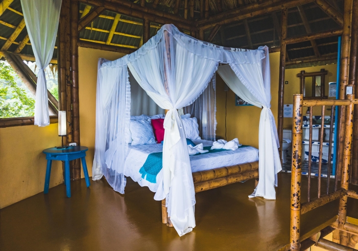 eco-boomhut met tweepersoonsbed in de jungle