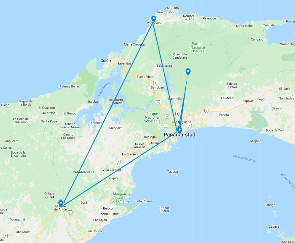 Routekaart van de 13-daagse reis door Panama