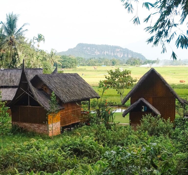 Houten bungalow met rieten dak Homestay in de Harau-vallei in West-Sumatra