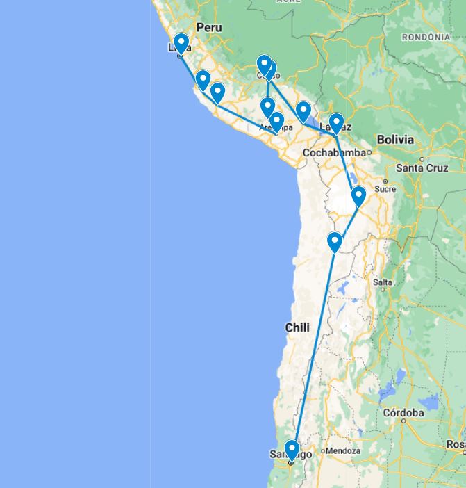 routekaart van de 4 weekse rondreis door peru, bolivia en chili