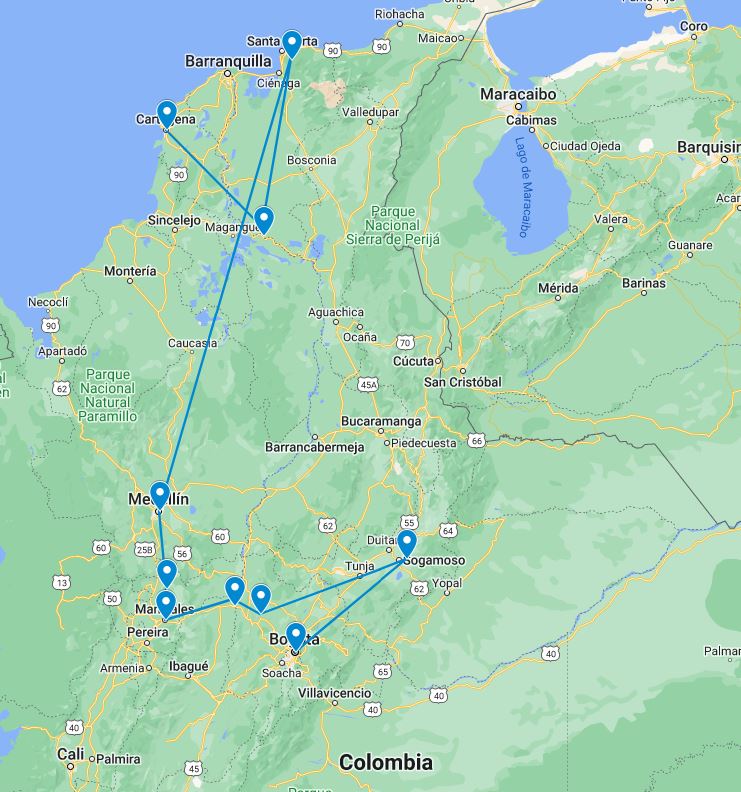 Routekaart van de 19 daagse off the beaten track rondreis door Colombia