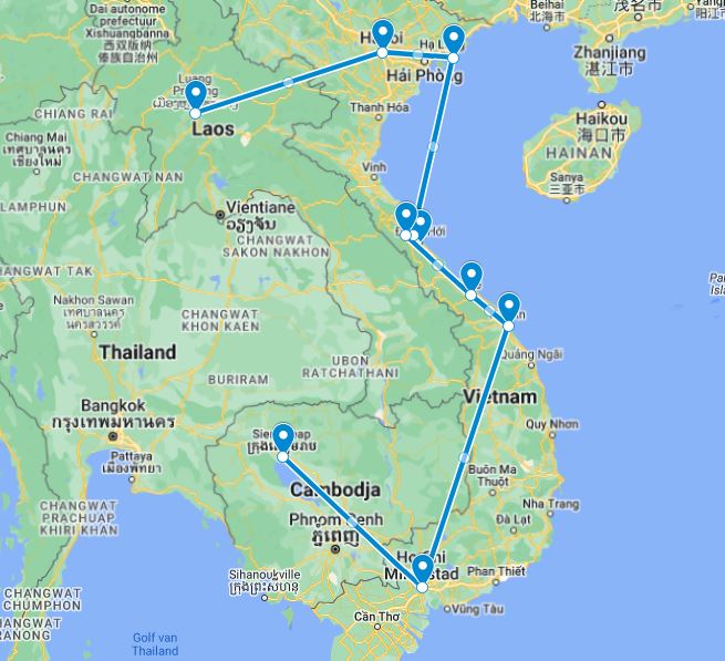 routekaart van de 19 daagse indochina rondreis door Laos, Vietnam en Cambodja