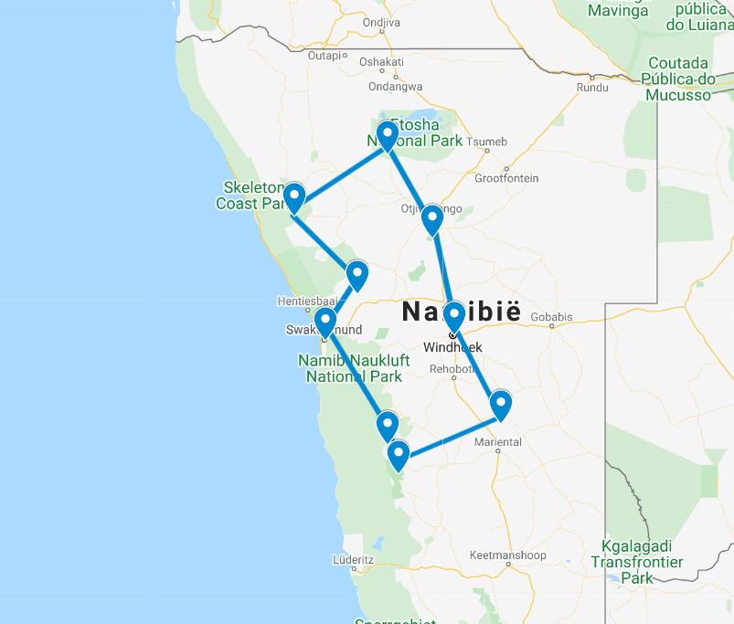 Routekaart van de 14 daagse boutique rondreis door Namibië