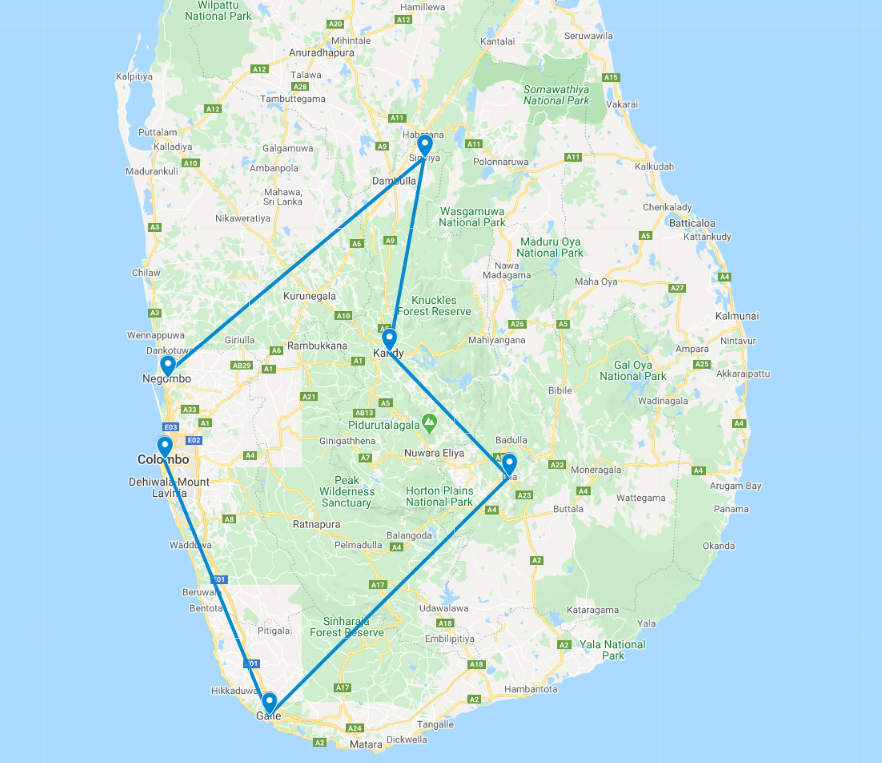 Routekaart van de 15 daagse budget rondreis door Sri Lanka
