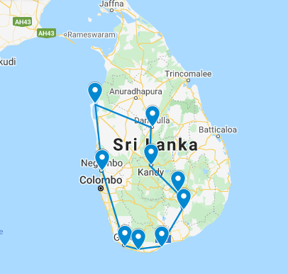 Routekaart van de 3 weekse bloggerrondreis door Sri Lanka