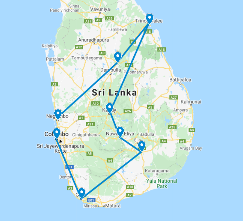 Routekaart van de 3weekse familie rondreis door Sri Lanka