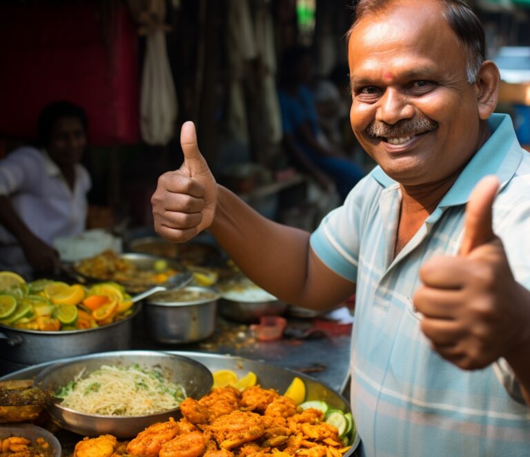 Sri lankaanse man steekt lachend zijn duimen op vanachter zijn fruitkraam