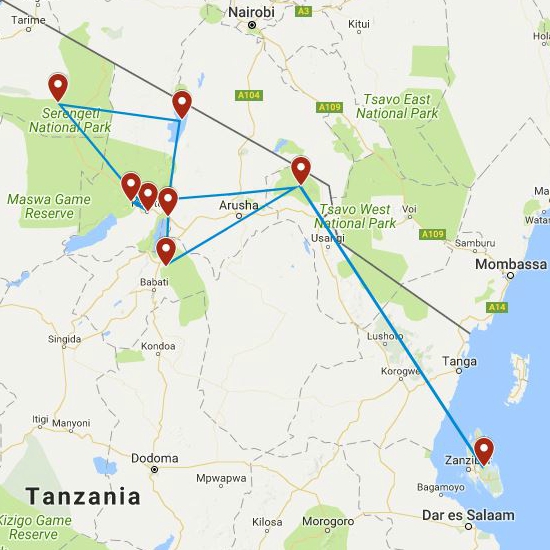 Route kaart van de 2-weekse rondreis door Tanzania