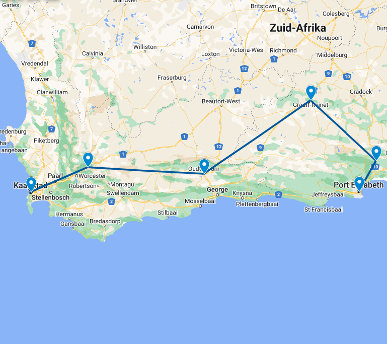 routekaart van de 15 daagse 'kaap van de gebaande paden' rondreis door Zuid-Afrika