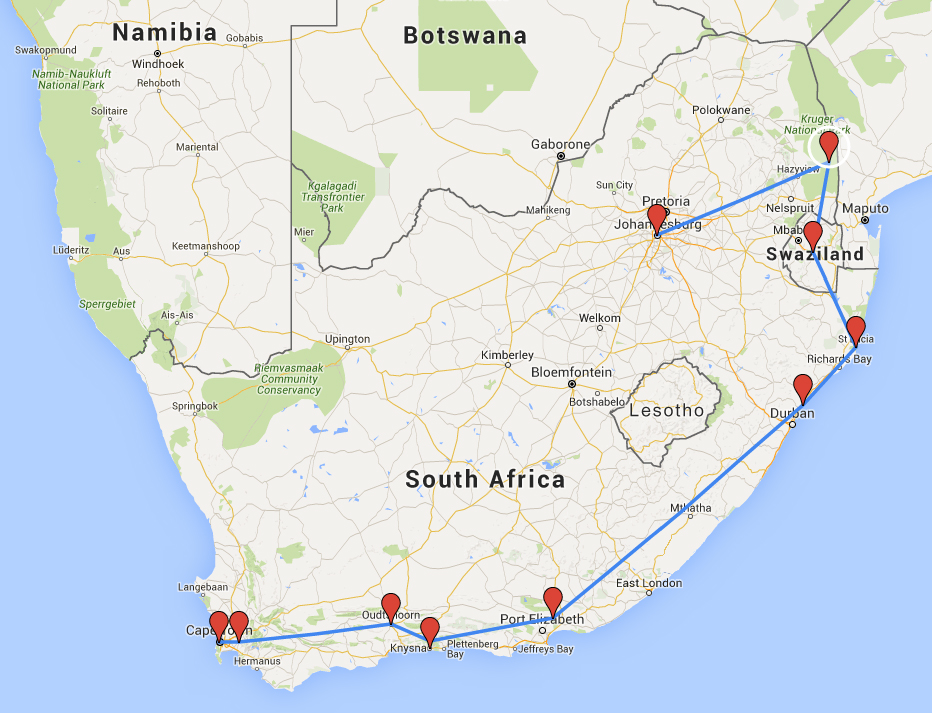 routekaart van de 22 daagse highlights & hidden gems rondreis door Zuid-Afrika
