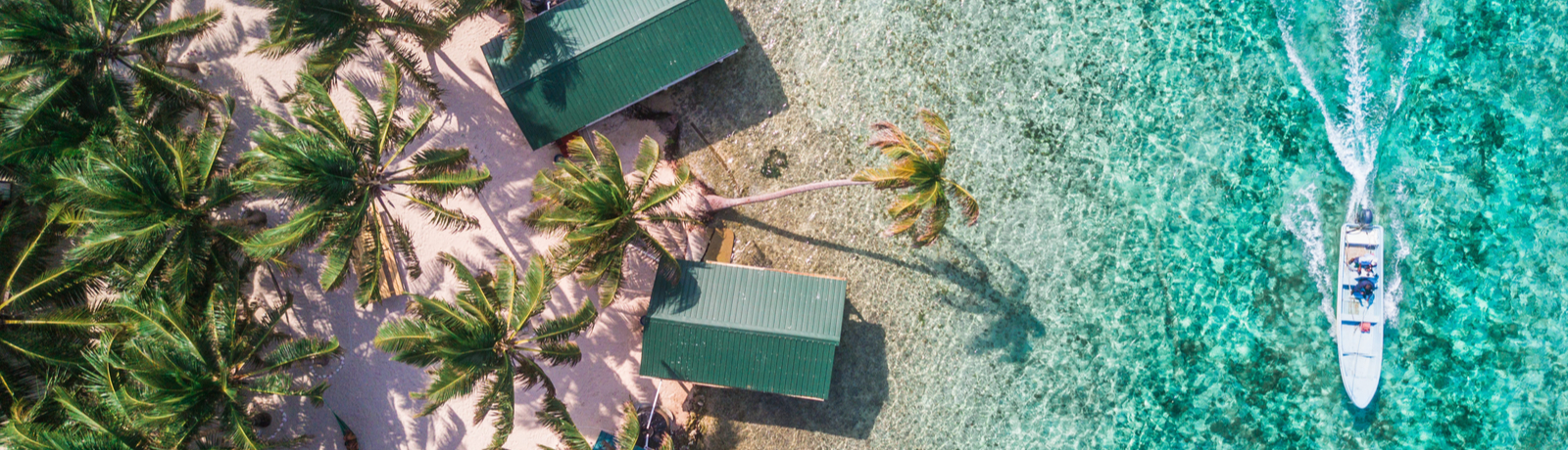 Strand met palmbomen huisjes en zee met bootje van bovenaf gefotografeerd in Belize