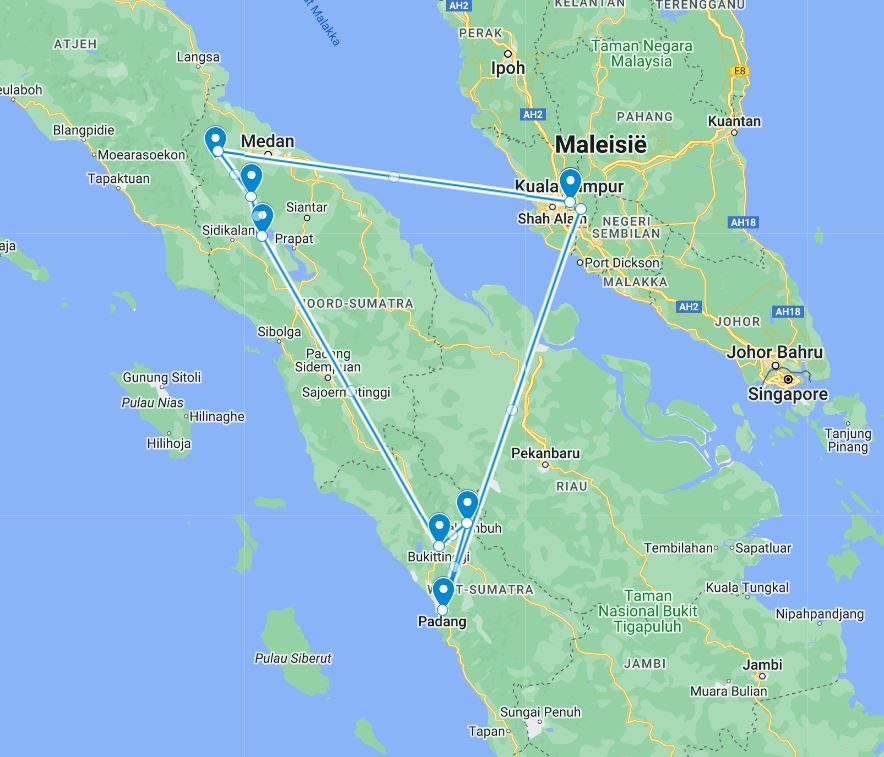 Routekaart van de 23 daagse blogger rondreis door Sumatra