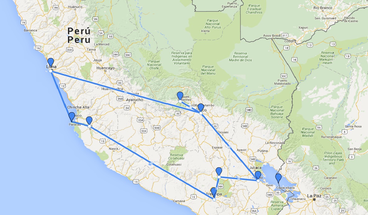 routekaart van de 20 daagse budget rondreis door peru