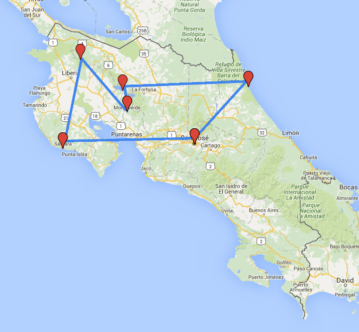 Routekaart van de 16 daagse budgetrondreis door Costa Rica