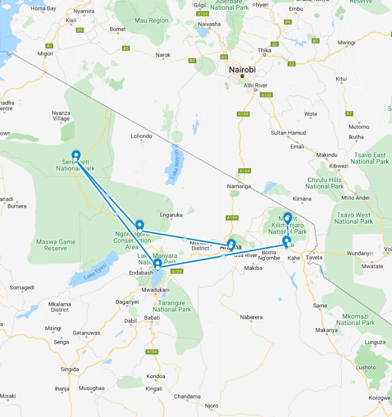 Route kaart van de 9-daagse rondreis door Tanzania