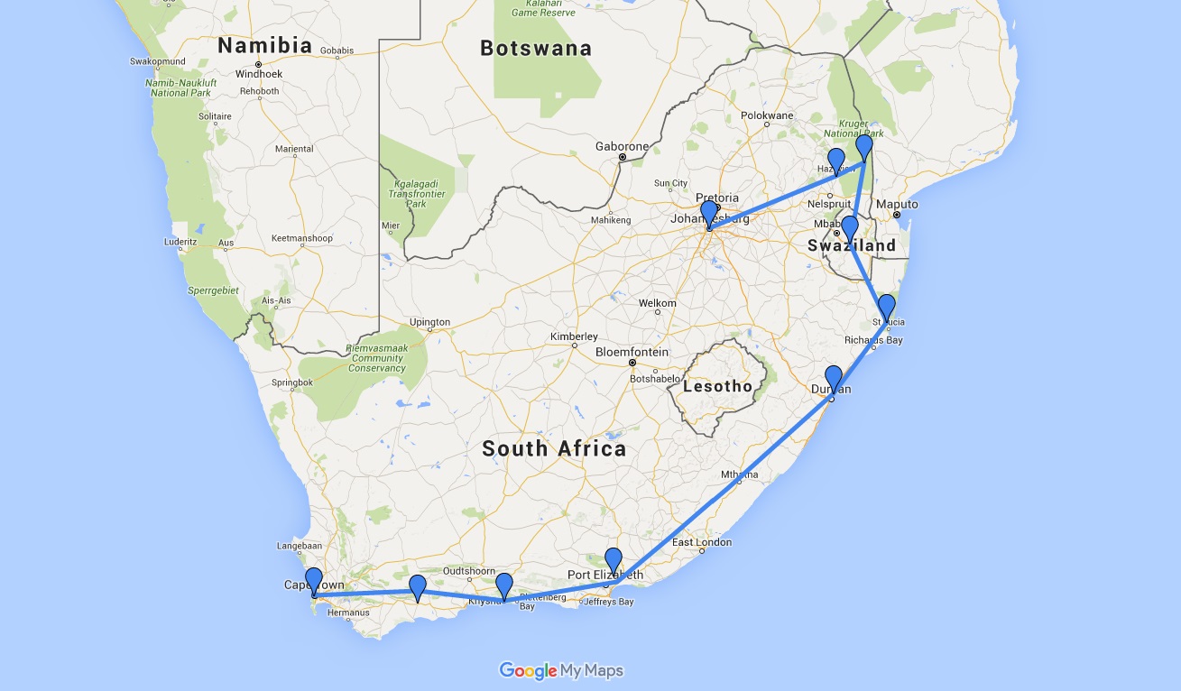routekaart van de 20-daagse betaalbaar rondreis door Zuid-Afrika
