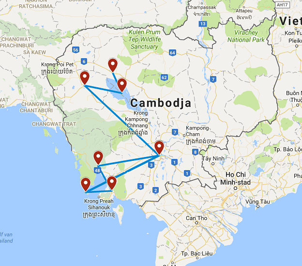 Routekaart van de reis Cambodja rondreis betaalbaar