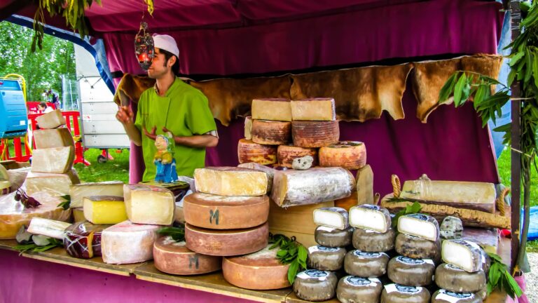 Marktverkoper van kaas in Pyreneeën, Noord-Spanje
