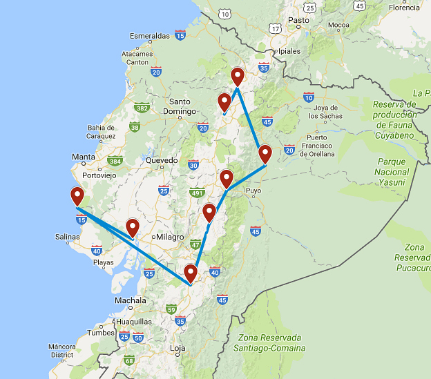 routekaart van de 18 daagse budget rondreis door Ecuador