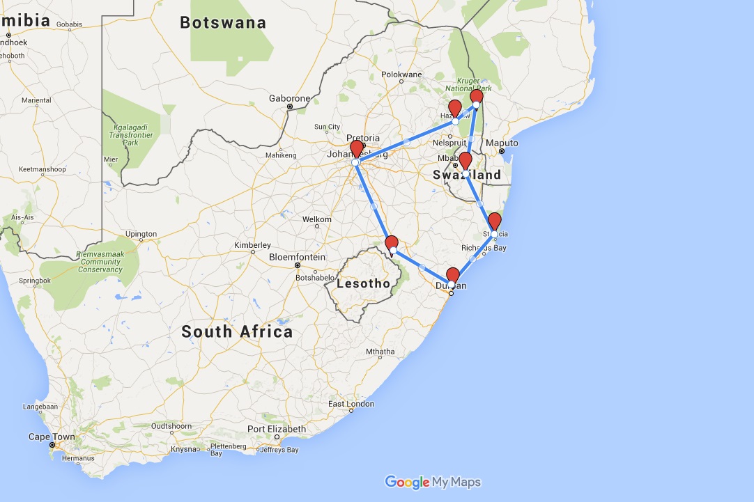 routekaart van de 17 daagse familiereis door Zuid-Afrika