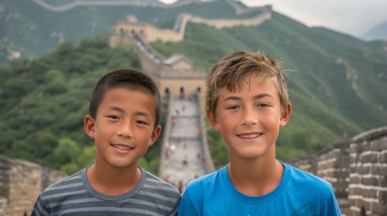 twee jongens poseren voor chinese muur china