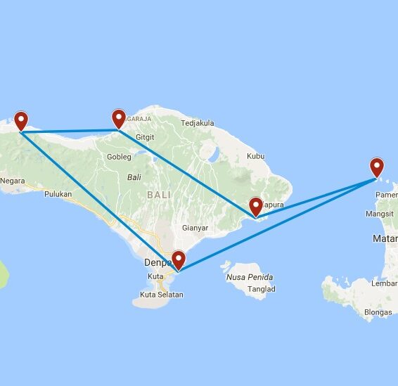 Routekaart 17 daagse familie rondreis door Bali