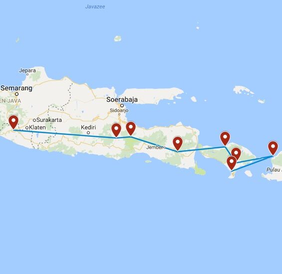 Routekaart van de 20daagse budget rondreis naar Java en Bali