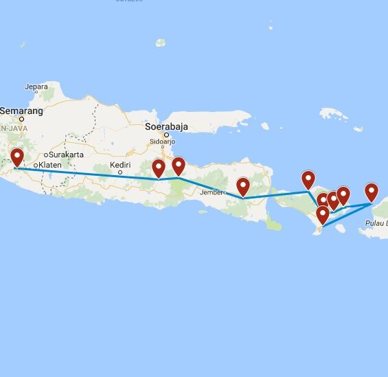 Routekaart van 22 daagse rondreis door Java en Bali