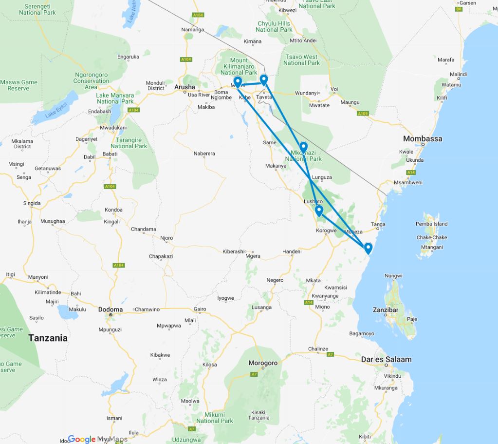 Route kaart van 13-daagse rondreis door Tanzania