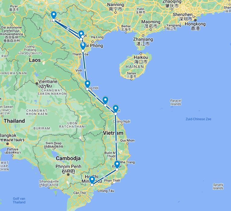 routekaart van de 20 daagse blogger rondreis door Vietnam
